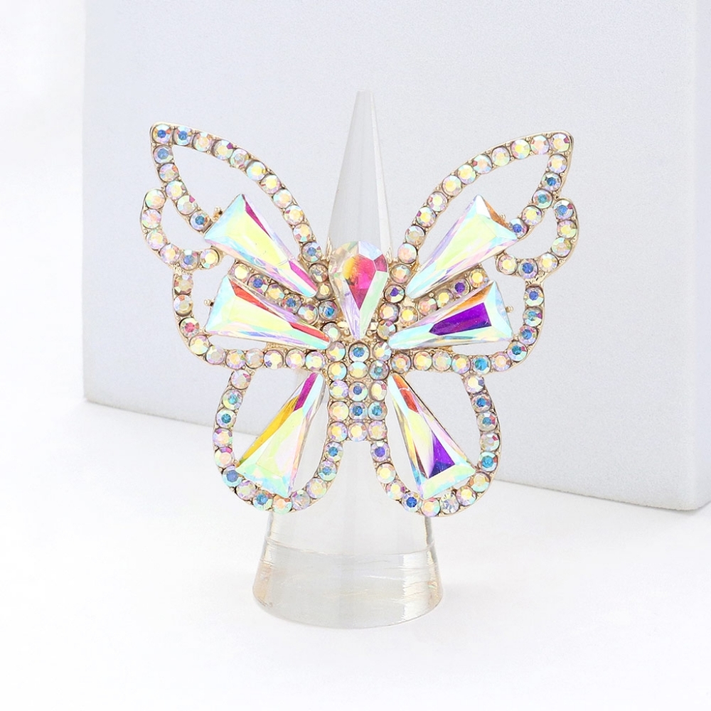 Gold Abalone Butterfly Ring Crystal Rhinestones Cute Finger Statement Accessory